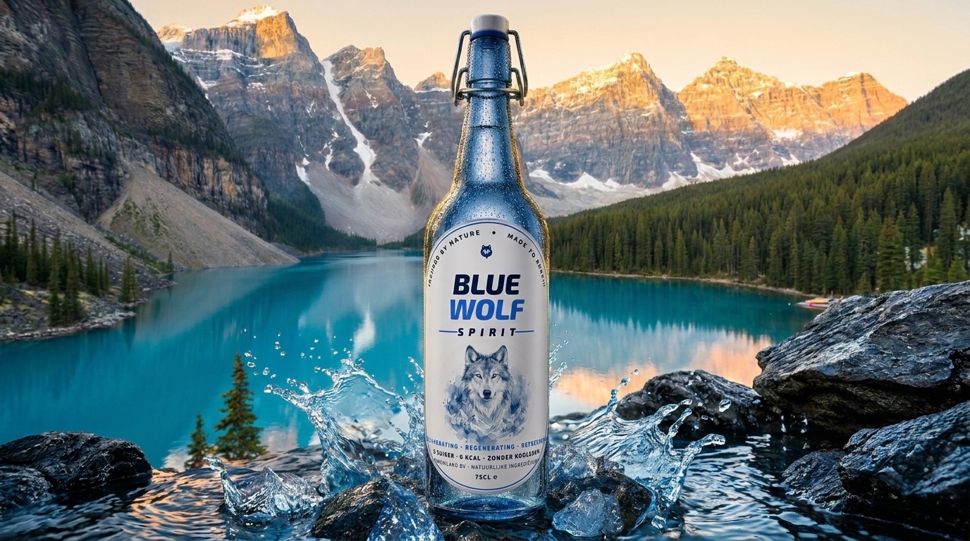 Fles Blue Wolf Spirit tussen opspattend bergwater voor een turquoise bergmeer