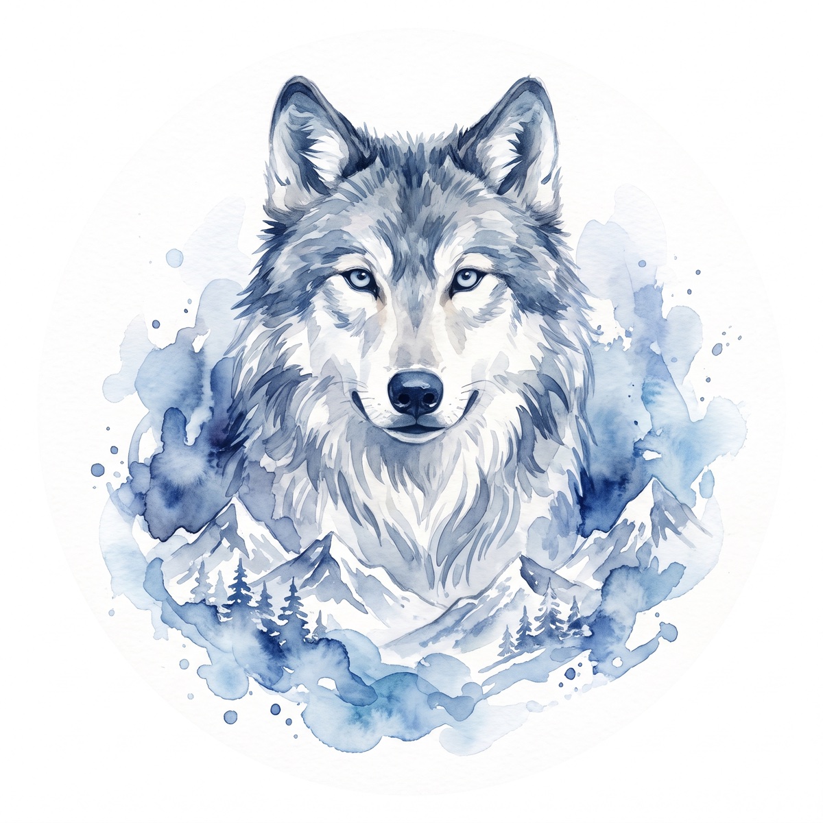Aquarel van een wolf tussen besneeuwde bergtoppen